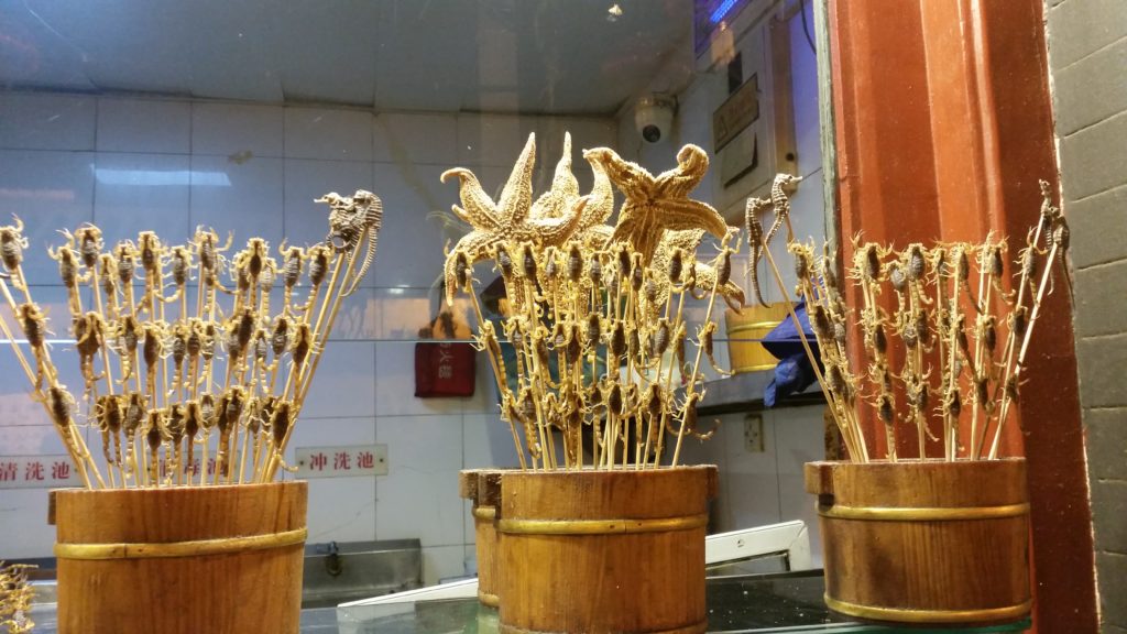 Beijing Chinese market at night in Beijing selling fried insects