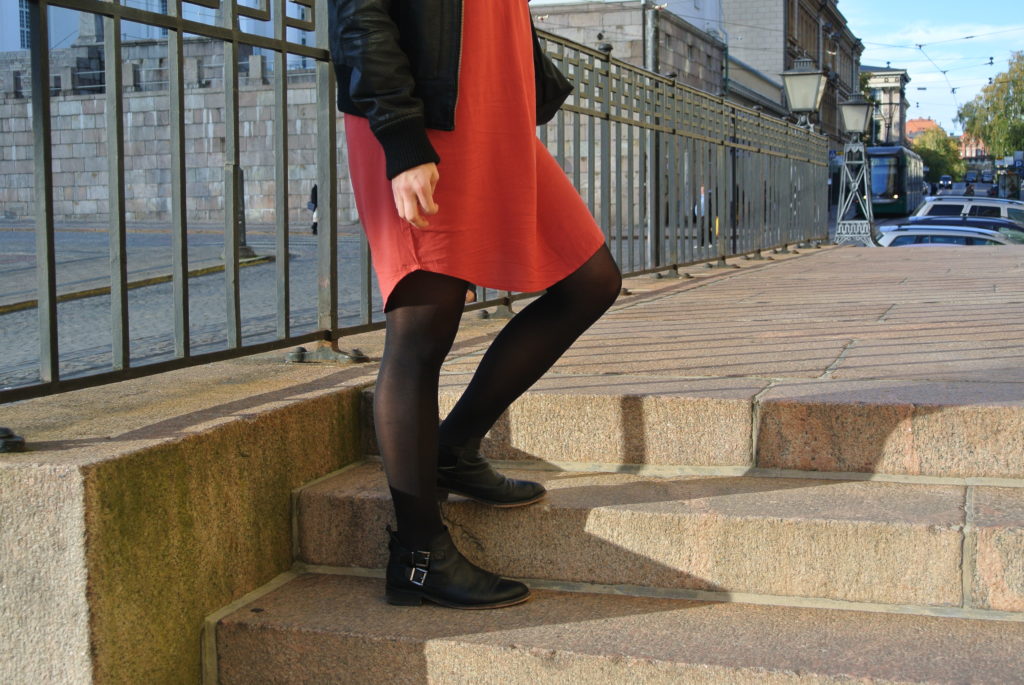 Beautiful Helsinki A fall outfit with a red tunic and black leather jacket and shoes