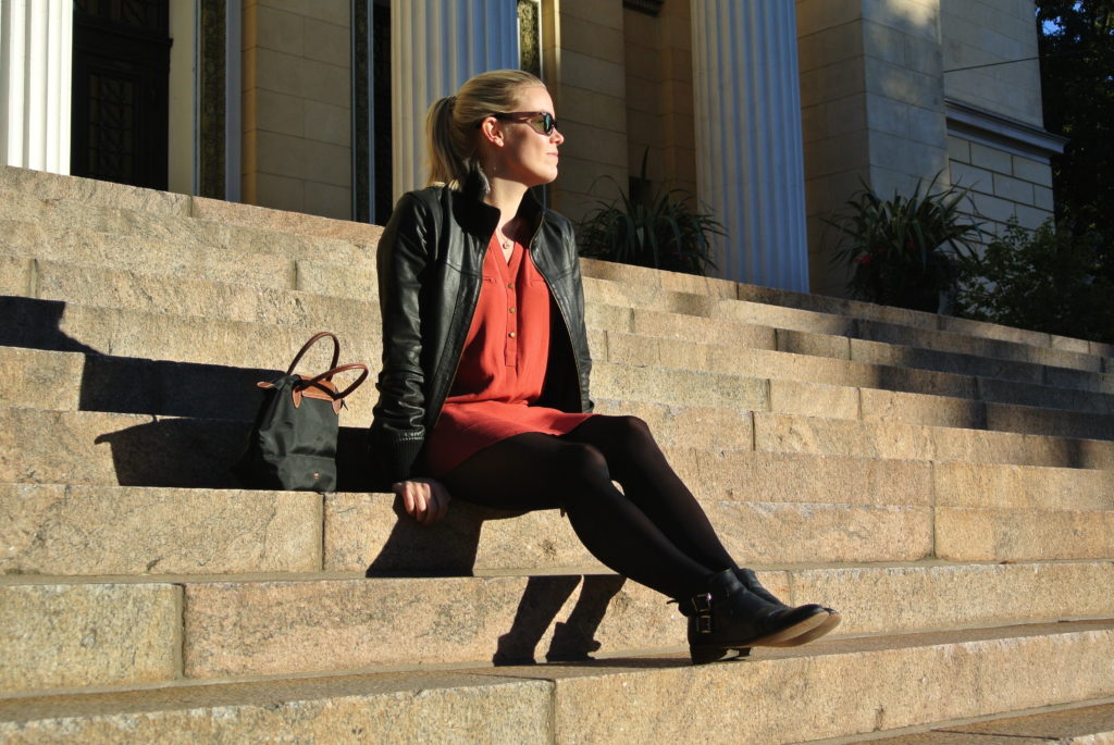 Beautiful Helsinki A fall outfit with a red tunic and black leather jacket and shoes