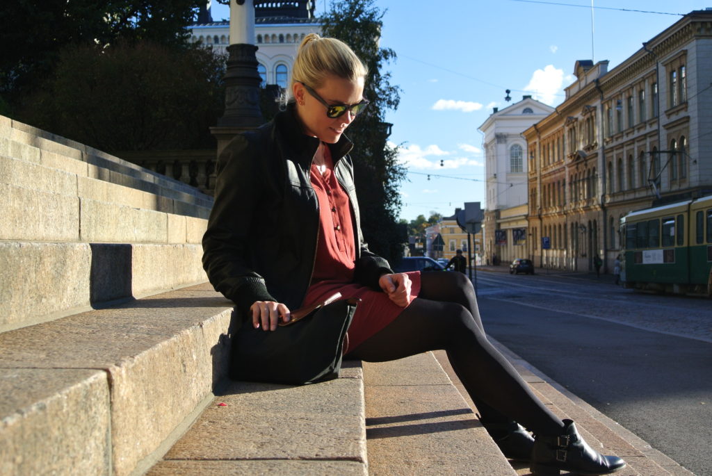 Beautiful Helsinki A fall outfit with a red tunic and black leather jacket and shoes