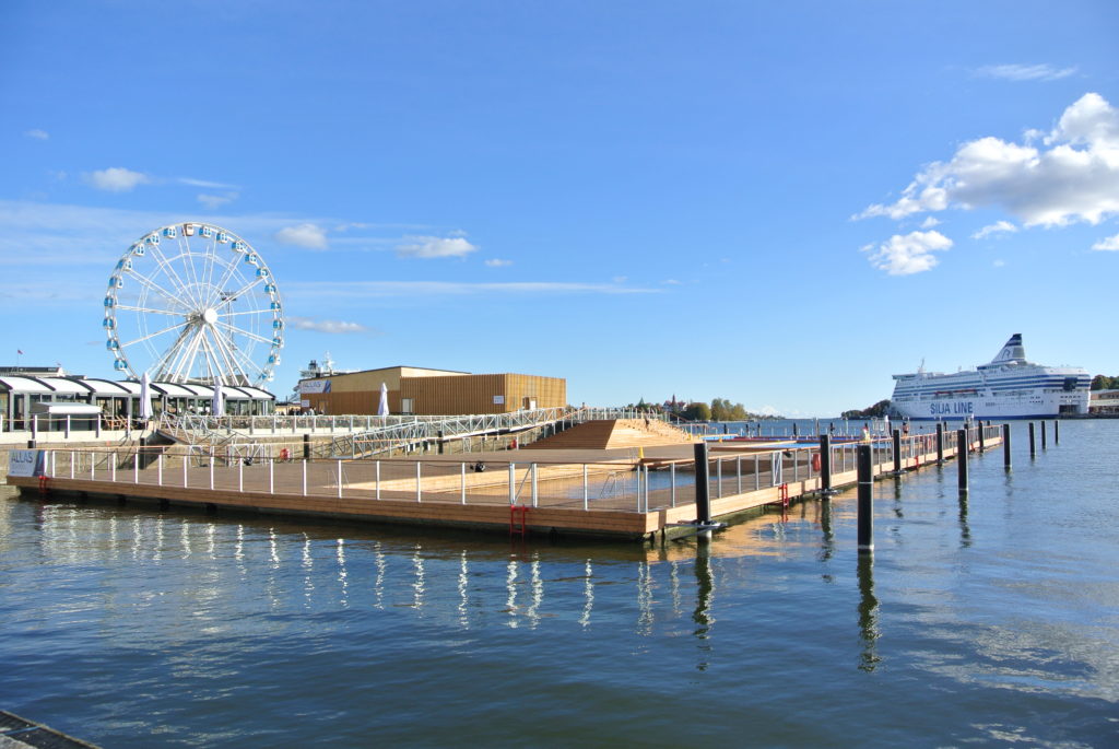 Fish market with a view to the Allas sea pool in the center of Helsinki