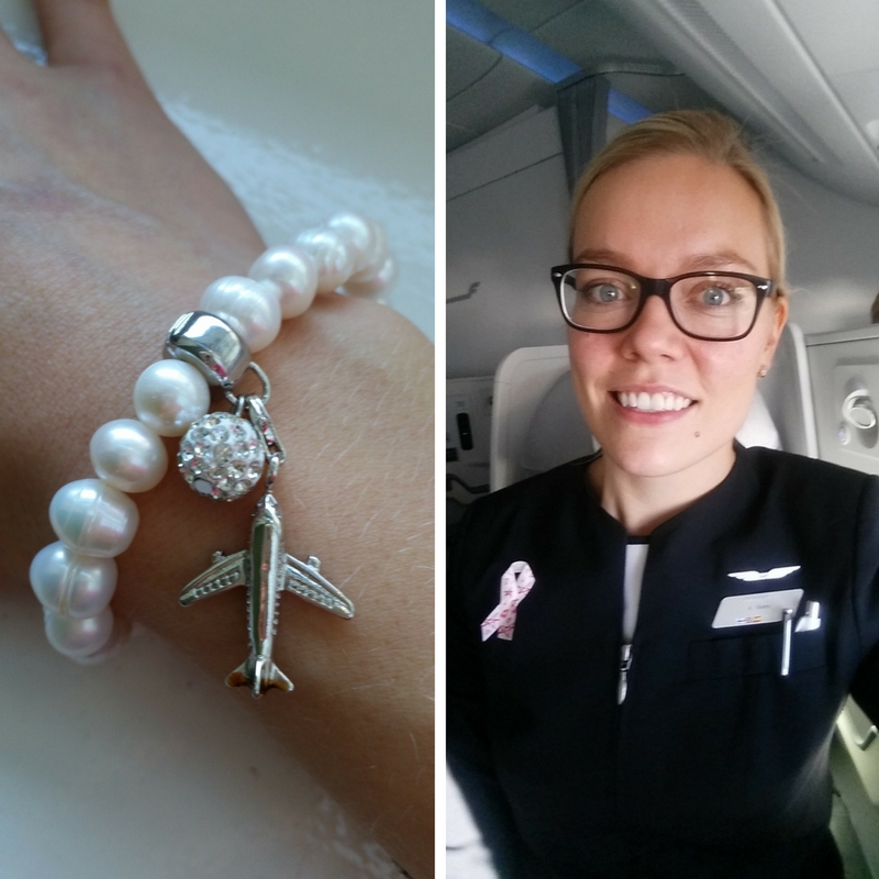 Dear Shanghai Annimarian A Finnair flight attendant in the business class of an Airbus 350, airplane bracelet, rayban glasses, smile