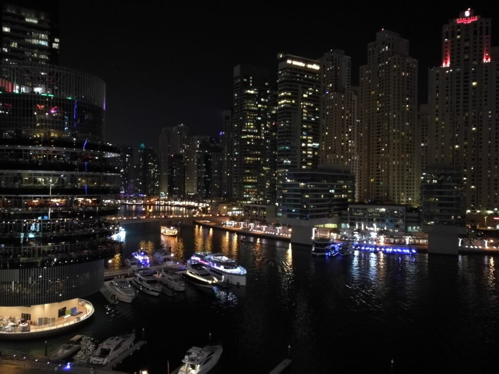 Dubai by night Dubai Marina Hotel Address view over the water