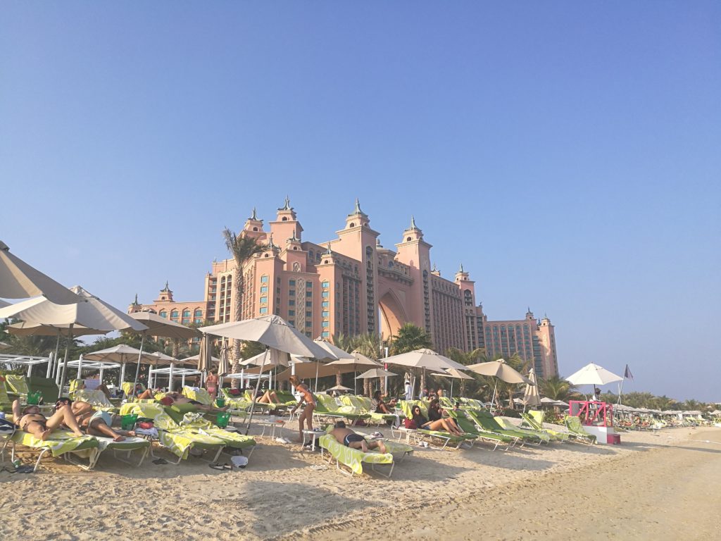 Layover in Dubai Dubai Palm Jumeirah Hotel Atlas beach sunbeds sun