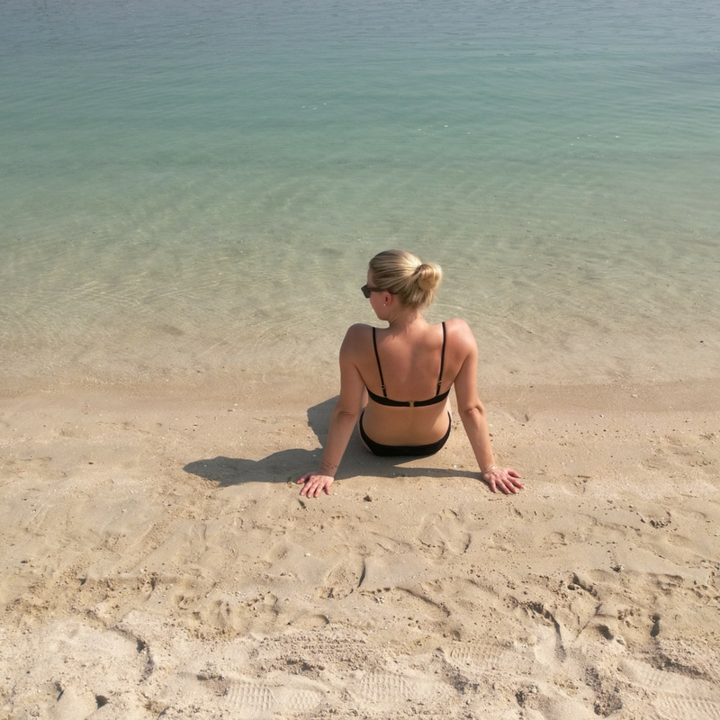 Layover in Dubai Palm Jumeirah beach clear water white sand blonde girl in a bikini