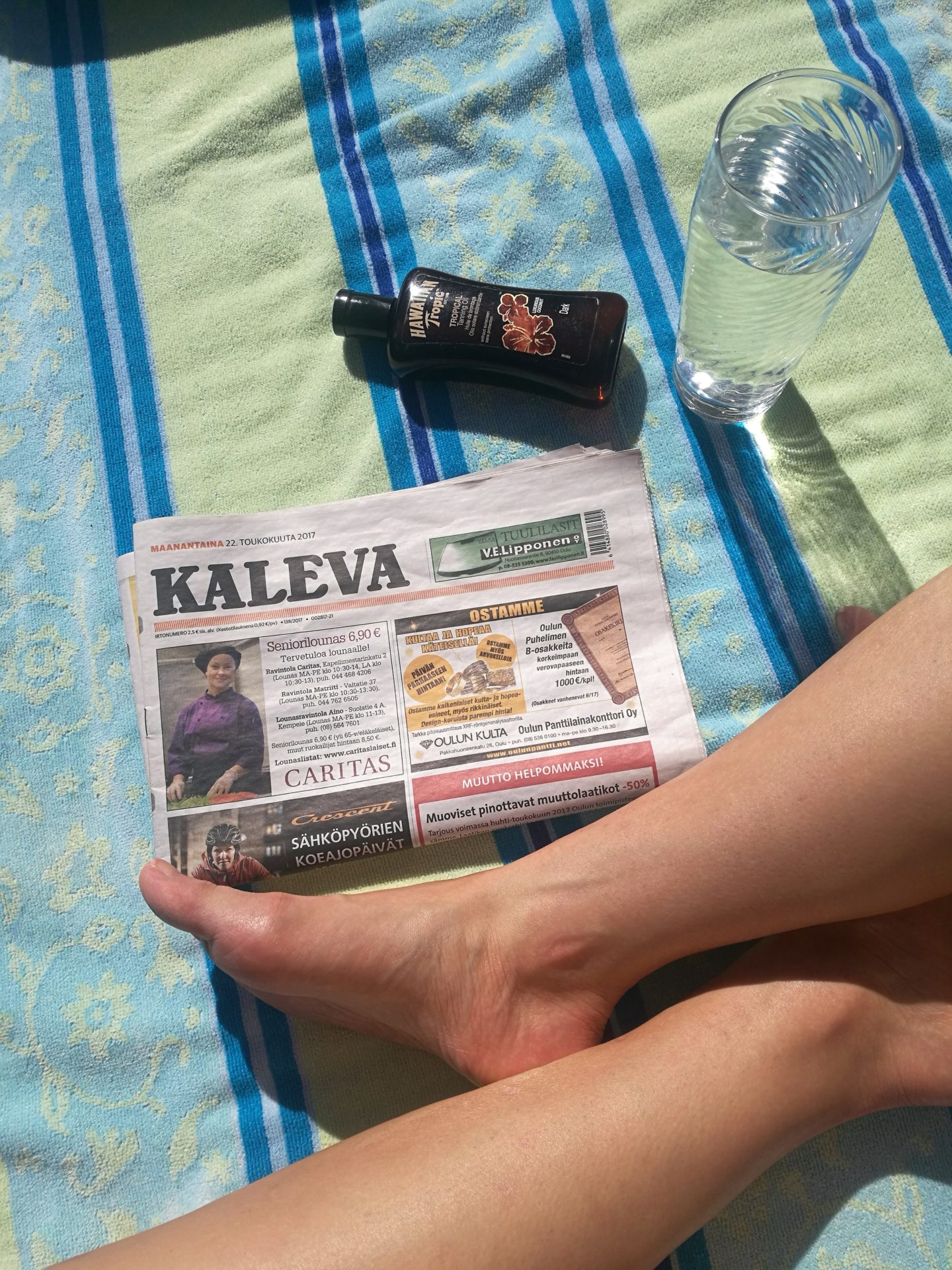 Finally warm Annimarian Kaleva news paper Hawaiian tropic tanning oil a big glass of water