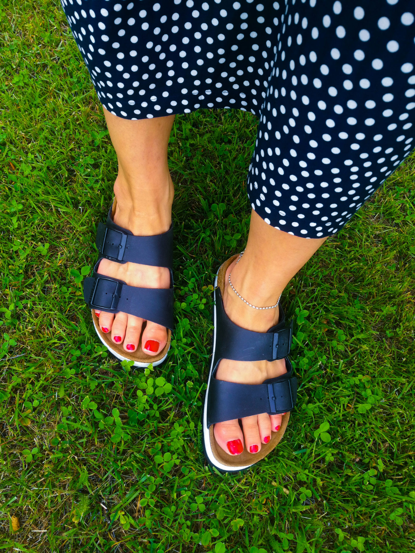 Annimarian  Black Birkenstock Birko Flor sandals red toenails green grass